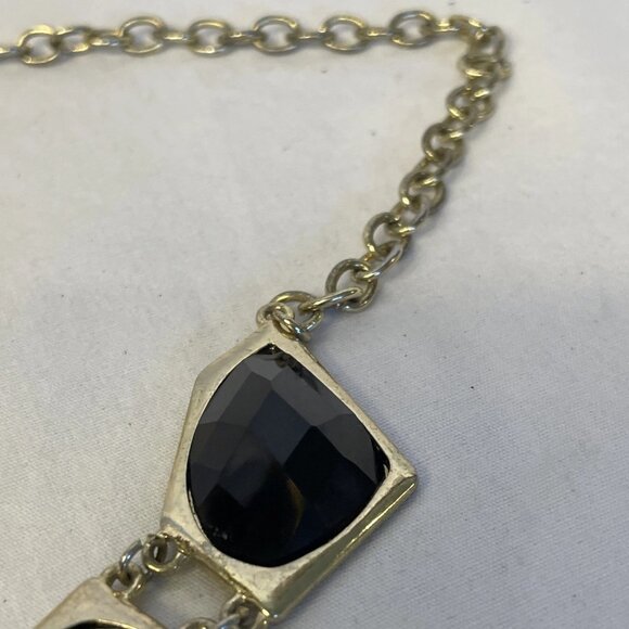 Gold Tone Chain With 7 Large Geometric Black Faceted Synthetic Stones in Bezels - Picture 9 of 10